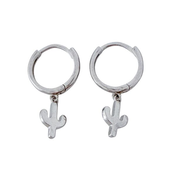 Estate Sterling Silver 925 Cactus Charm Hoop Earrings - Picture 3 of 8